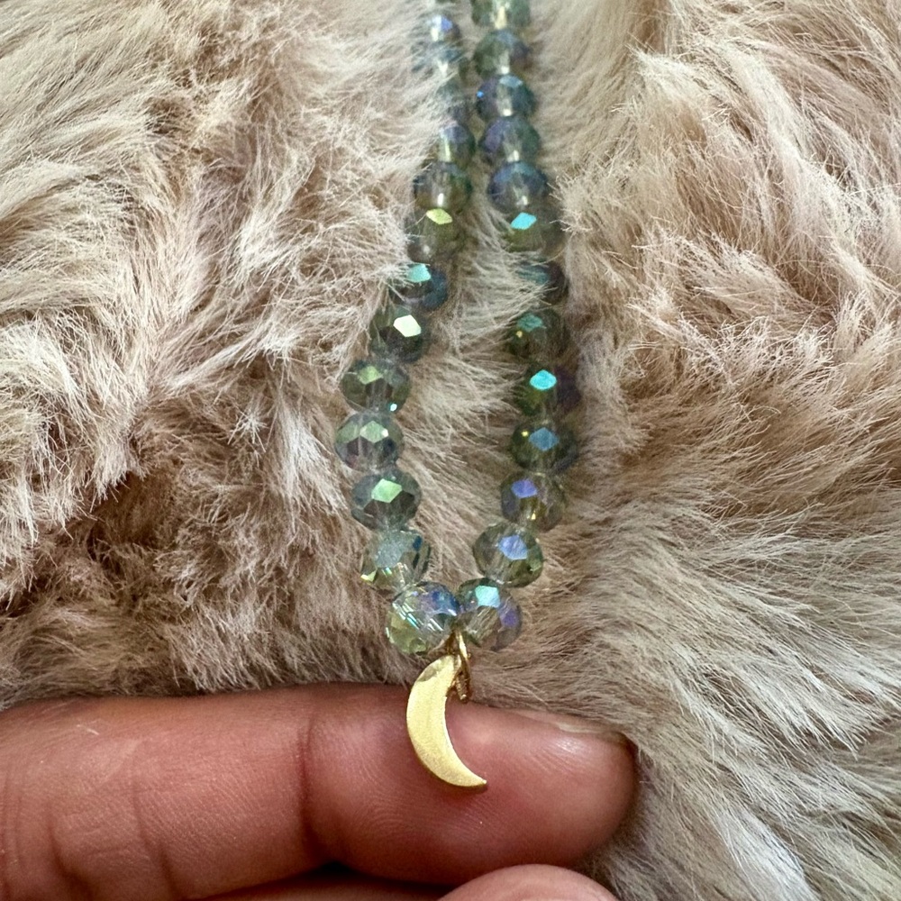 Moonwake Blue Beaded Necklace – Golden Crescent Moon Jewelry